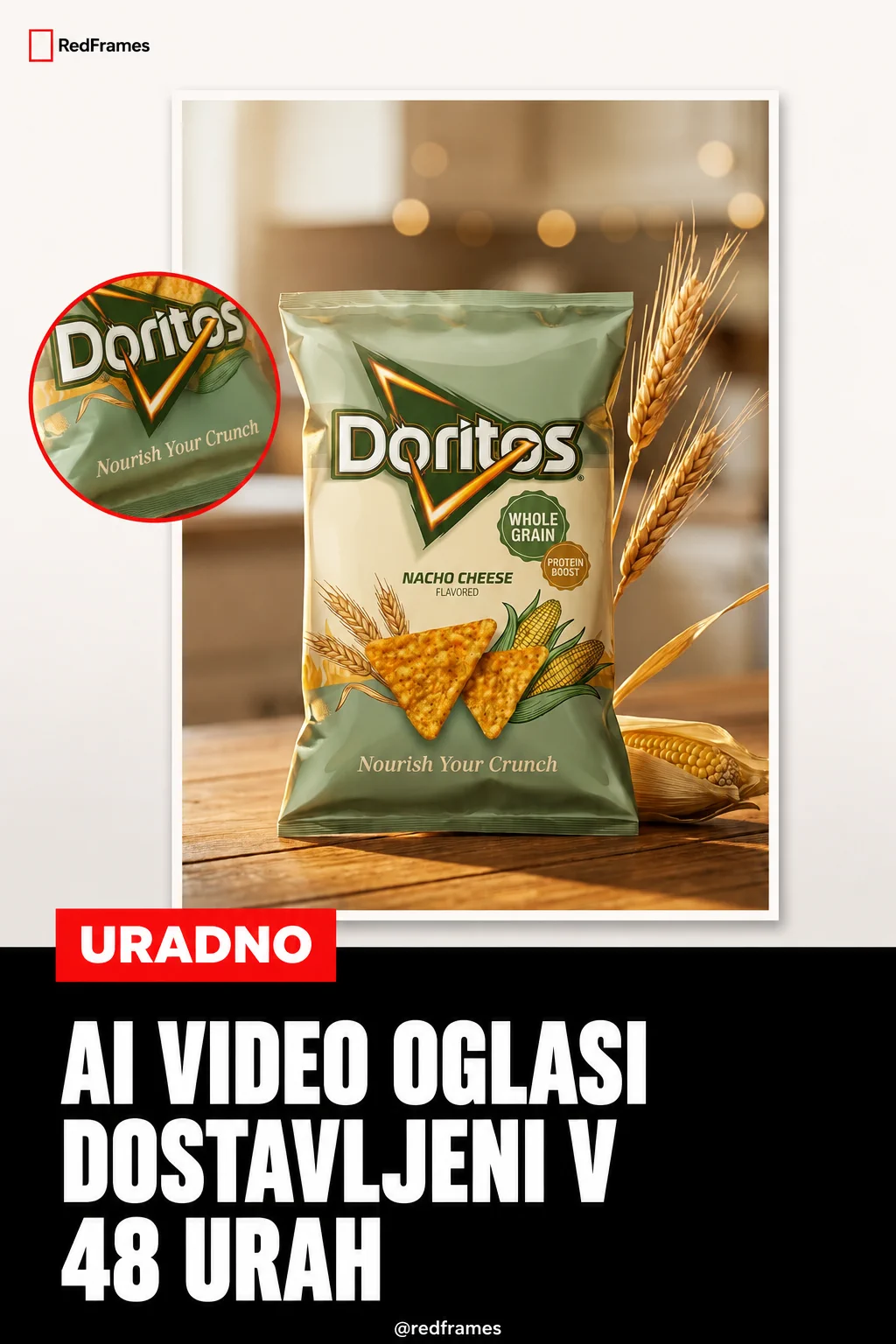 AI produktni oglas za čips z napisom 'AI video oglasi dostavljeni v 48 urah', RedFrames Studio