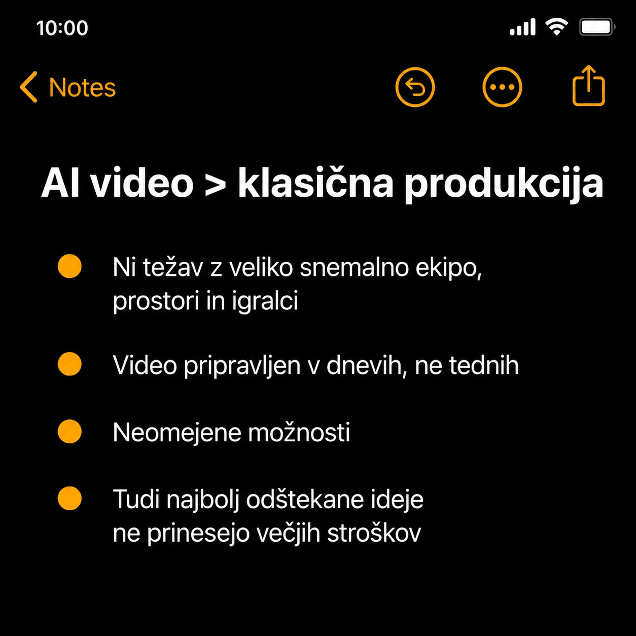 Zaslonska maska zapiskov s poudarki o prednostih AI videa pred klasično produkcijo, primer UGC vsebine, RedFrames Studio
