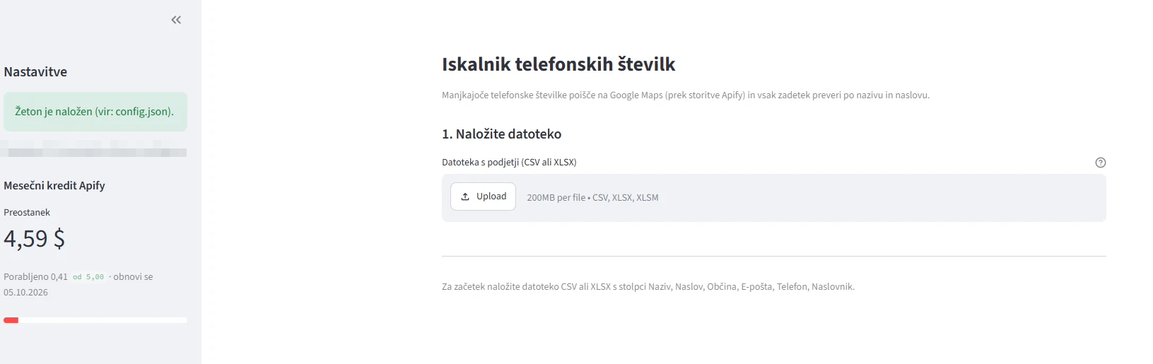 Dashboard aplikacije Iskalnik telefonskih številk: nalaganje datoteke s podjetji in mesečni kredit za iskanje