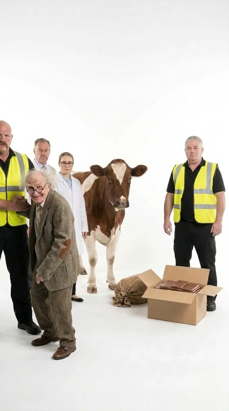 Kader iz AI video oglasa za Enemon Slim&Fit s kravo in varnostnikoma v studiu
