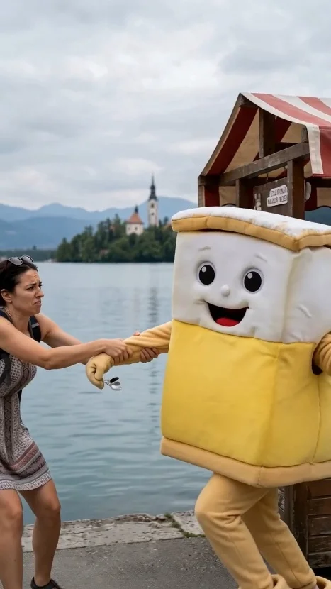 Kader iz AI video oglasa za Tishler z maskoto ob Blejskem jezeru