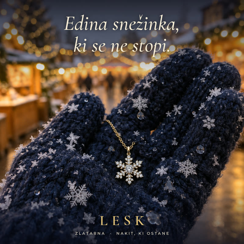 Oglas za zlatarno Lesk: na temno modri pleteni rokavici, posuti s snežinkami, leži zlata ogrlica z obeskom v obliki snežinke, v ozadju je božični sejem z lučkami. Napis: Edina snežinka, ki se ne stopi.