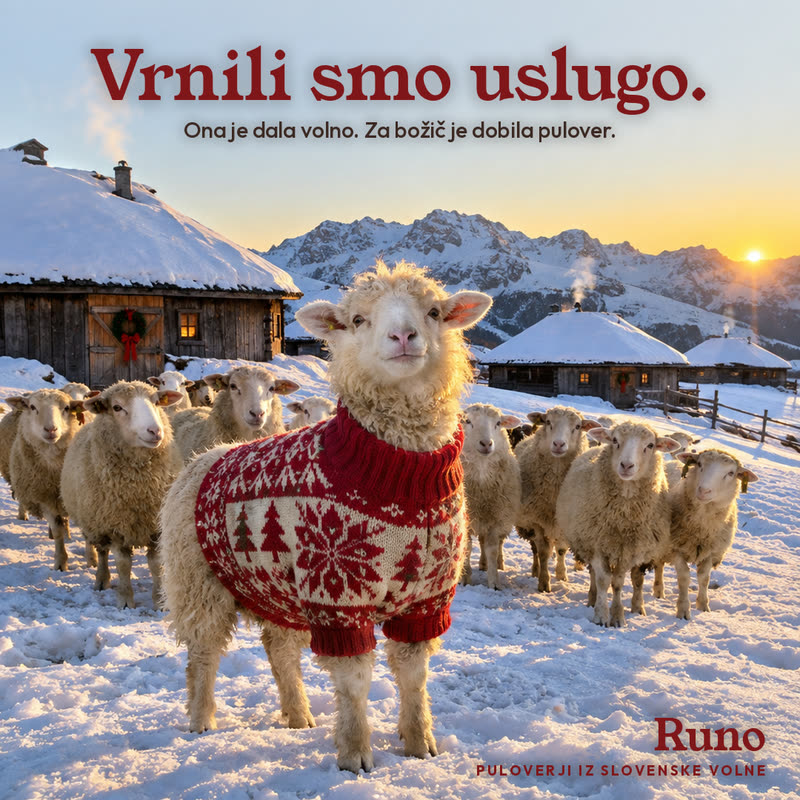 Oglas za Runo, puloverje iz slovenske volne: ovca v rdeče-belem božičnem puloverju stoji med drugimi ovcami v zasneženi planinski vasi ob sončnem zahodu. Napis: Vrnili smo uslugo. Ona je dala volno. Za božič je dobila pulover.